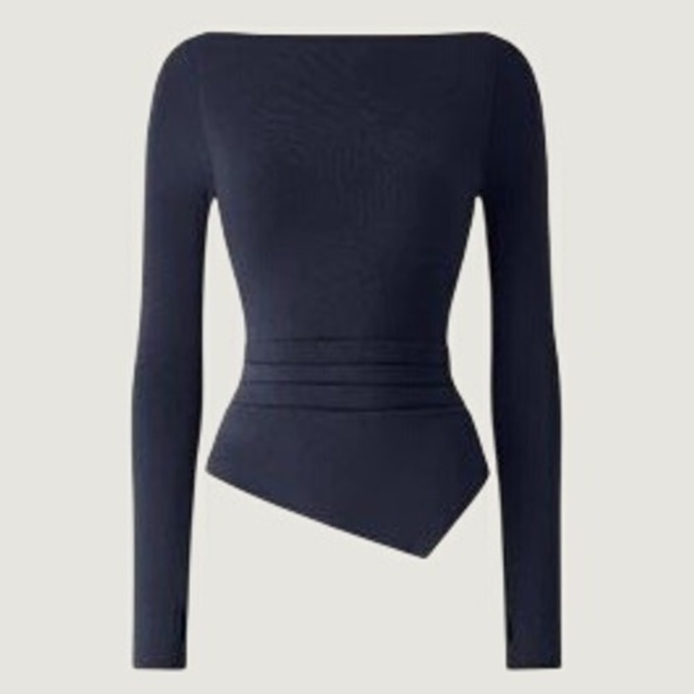 NEW OGL ProWarm Eco-Mousse Boatneck Side Tucks Asymmetrical Brami Top Sz M Navy